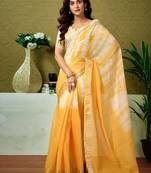 Yellow tie & dye printed  linen ready to wear saree with unstitched blouse