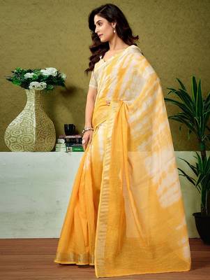Yellow tie & dye printed  linen ready to wear saree with unstitched blouse 2