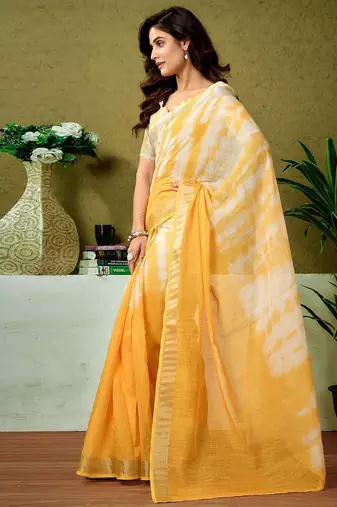 Yellow tie & dye printed  linen ready to wear saree with unstitched blouse