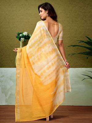 Yellow tie & dye printed  linen ready to wear saree with unstitched blouse 3