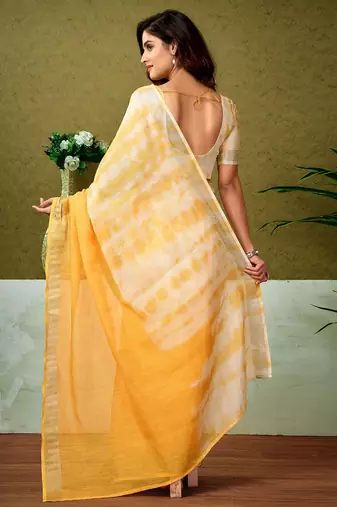 Yellow tie & dye printed  linen ready to wear saree with unstitched blouse