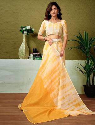 Yellow tie & dye printed  linen ready to wear saree with unstitched blouse 4