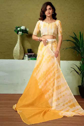 Yellow tie & dye printed  linen ready to wear saree with unstitched blouse