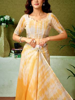 Yellow tie & dye printed  linen ready to wear saree with unstitched blouse 5
