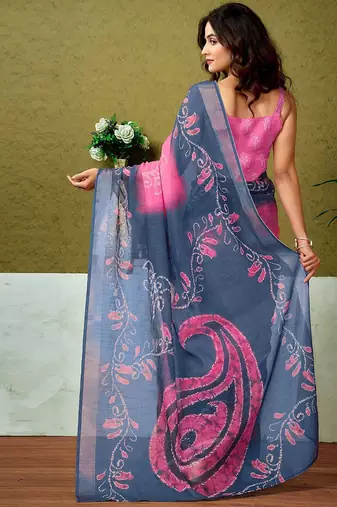 Pink paisley printed  linen ready to wear saree with unstitched blouse