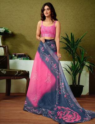 Pink paisley printed  linen ready to wear saree with unstitched blouse 3