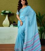 Blue striped printed  linen ready to wear saree with unstitched blouse