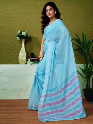 Blue striped printed  linen ready to wear saree with unstitched blouse 2