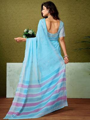 Blue striped printed  linen ready to wear saree with unstitched blouse 3