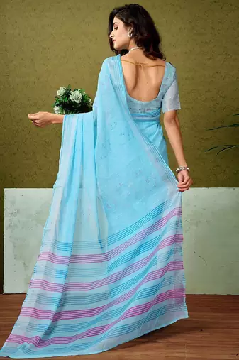 Blue striped printed  linen ready to wear saree with unstitched blouse