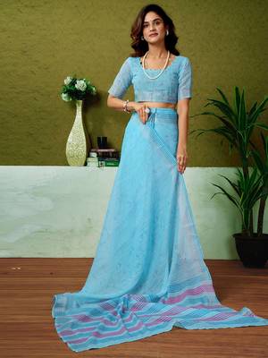 Blue striped printed  linen ready to wear saree with unstitched blouse 4