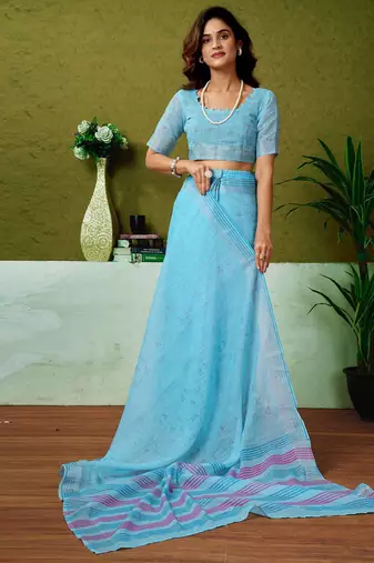 Blue striped printed  linen ready to wear saree with unstitched blouse