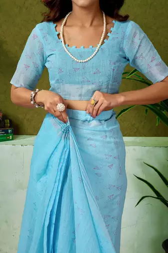 Blue striped printed  linen ready to wear saree with unstitched blouse