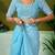 Blue striped printed  linen ready to wear saree with unstitched blouse