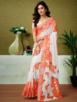 White butterfly printed  linen ready to wear saree with unstitched blouse 1