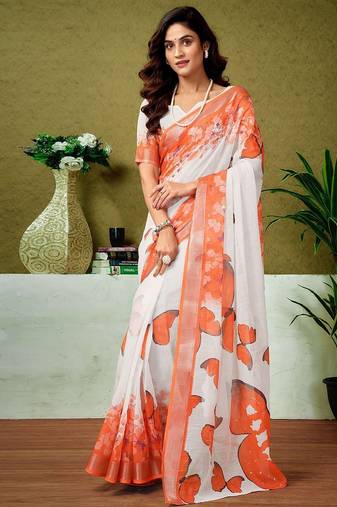 White butterfly printed  linen ready to wear saree with unstitched blouse