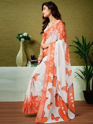 White butterfly printed  linen ready to wear saree with unstitched blouse 2