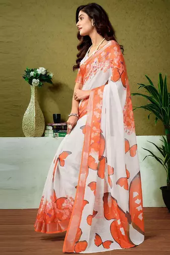 White butterfly printed  linen ready to wear saree with unstitched blouse