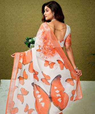 White butterfly printed  linen ready to wear saree with unstitched blouse 3