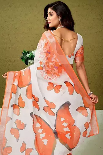 White butterfly printed  linen ready to wear saree with unstitched blouse