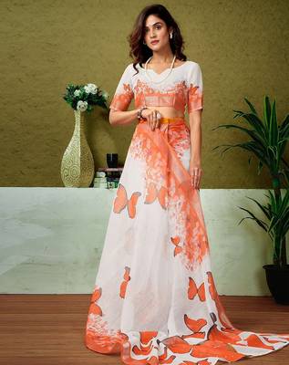 White butterfly printed  linen ready to wear saree with unstitched blouse 4