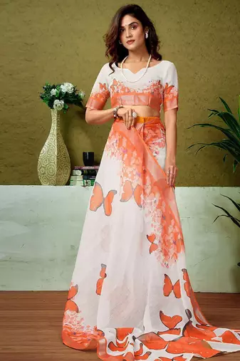 White butterfly printed  linen ready to wear saree with unstitched blouse