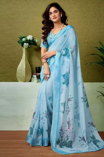 Blue floral printed  linen ready to wear saree with unstitched blouse