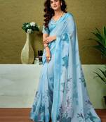 Blue floral printed  linen ready to wear saree with unstitched blouse