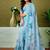 Blue floral printed  linen ready to wear saree with unstitched blouse