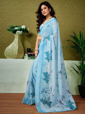 Blue floral printed  linen ready to wear saree with unstitched blouse 2
