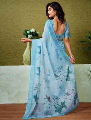 Blue floral printed  linen ready to wear saree with unstitched blouse 3