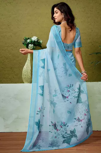 Blue floral printed  linen ready to wear saree with unstitched blouse