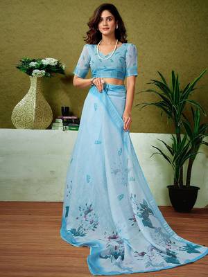 Blue floral printed  linen ready to wear saree with unstitched blouse 4