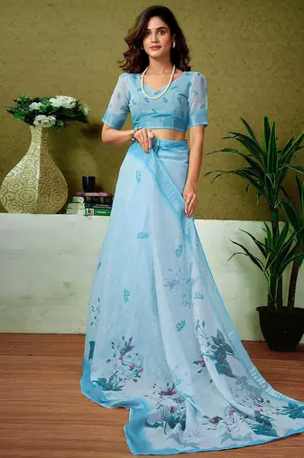 Blue floral printed  linen ready to wear saree with unstitched blouse