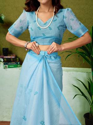 Blue floral printed  linen ready to wear saree with unstitched blouse 5