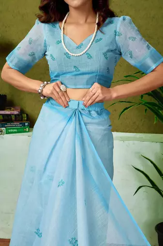 Blue floral printed  linen ready to wear saree with unstitched blouse
