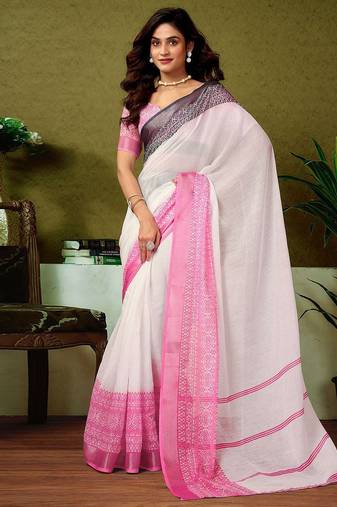 White striped printed  linen ready to wear saree with unstitched blouse