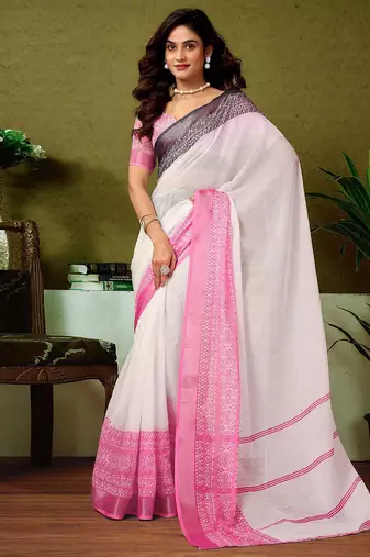 White striped printed  linen ready to wear saree with unstitched blouse