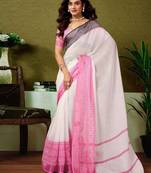 White striped printed  linen ready to wear saree with unstitched blouse