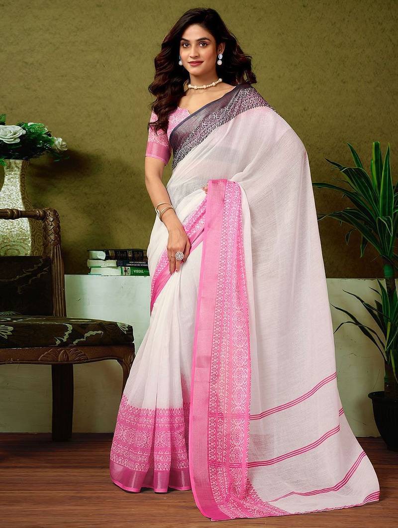 White striped printed  linen ready to wear saree with unstitched blouse