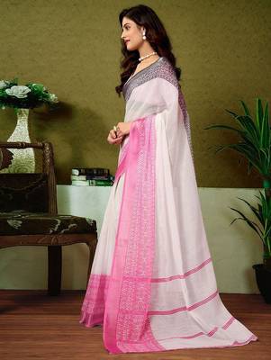 White striped printed  linen ready to wear saree with unstitched blouse 2