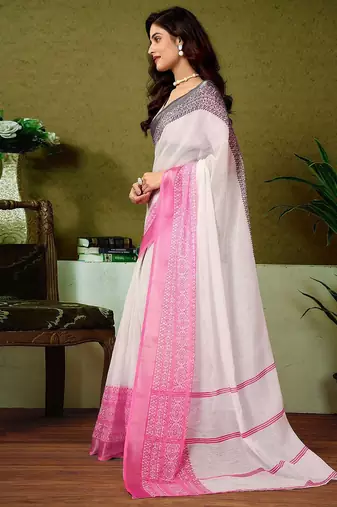White striped printed  linen ready to wear saree with unstitched blouse