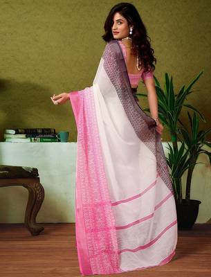 White striped printed  linen ready to wear saree with unstitched blouse 3