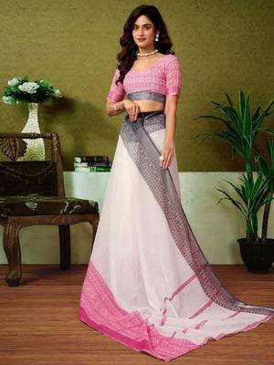 White striped printed  linen ready to wear saree with unstitched blouse 4