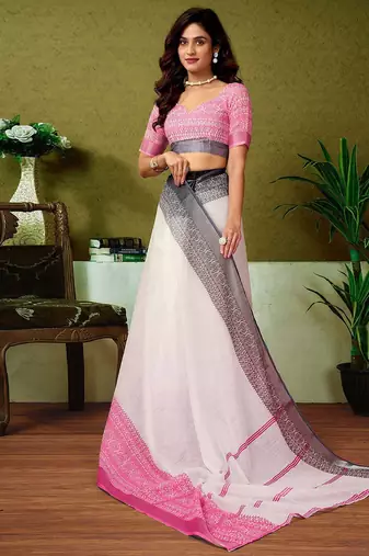 White striped printed  linen ready to wear saree with unstitched blouse