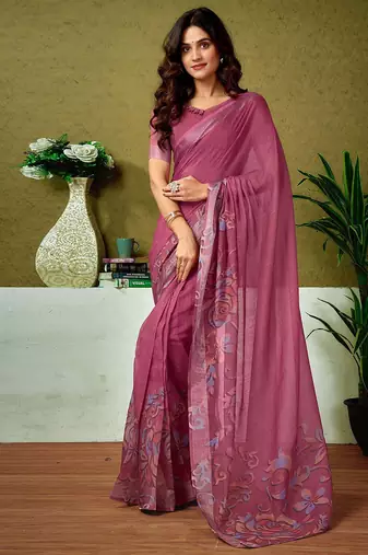 Pink floral printed  linen ready to wear saree with unstitched blouse