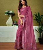 Pink floral printed  linen ready to wear saree with unstitched blouse