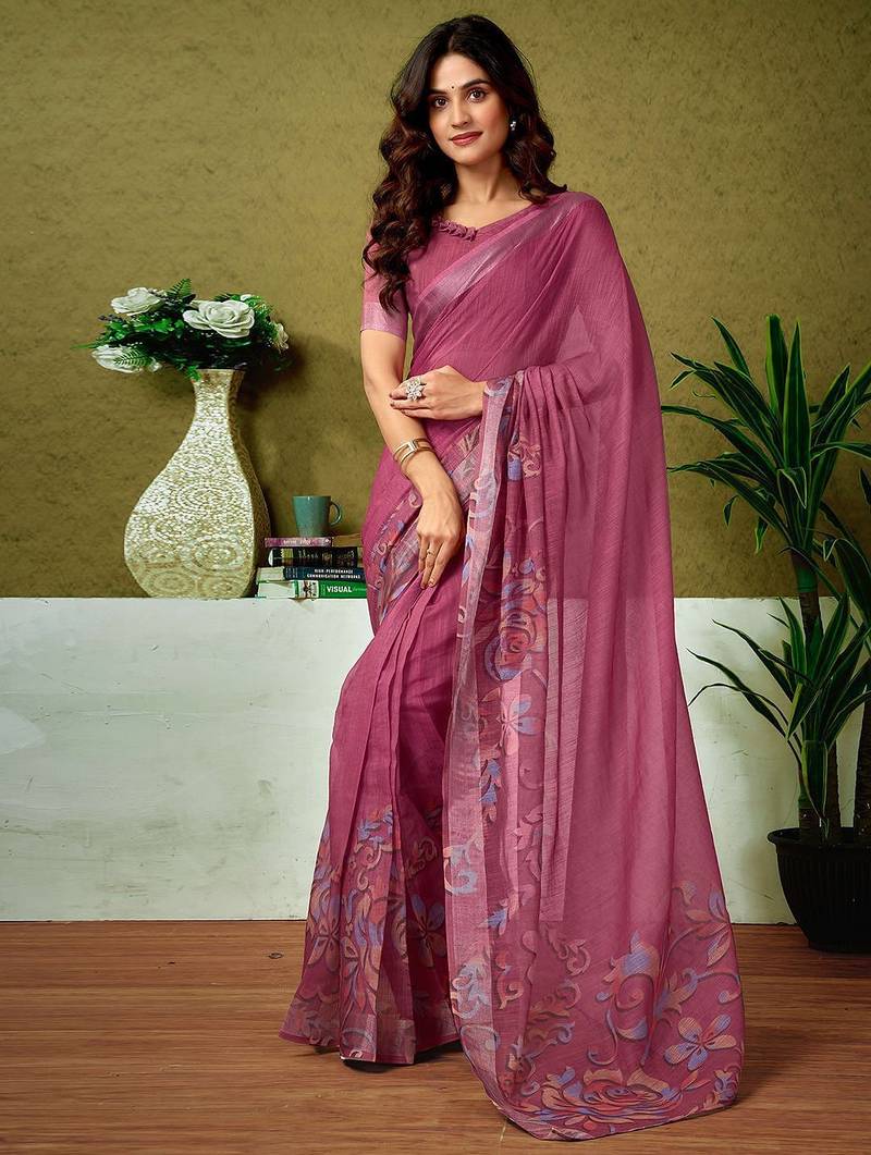 Pink floral printed  linen ready to wear saree with unstitched blouse