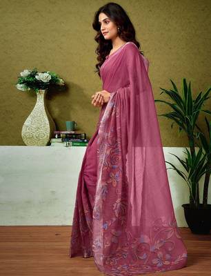 Pink floral printed  linen ready to wear saree with unstitched blouse 2
