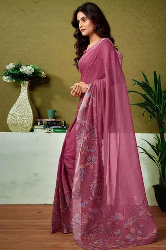 Pink floral printed  linen ready to wear saree with unstitched blouse